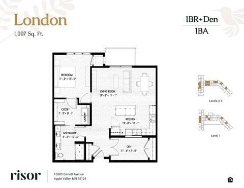 Floor plan for 2 beds, 1 bath, 1007 sqft